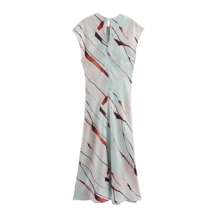 Elegante mouwloze zijden satijnen midi-jurk met abstracte print en uitgesneden rug