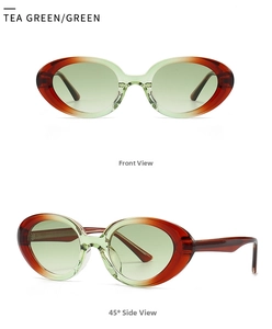 Front and 45-degree side views of retro oval sunglasses in tea green gradient finish