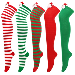 Christmas striped over-knee socks with 3D plush Santa Claus decorations in five styles