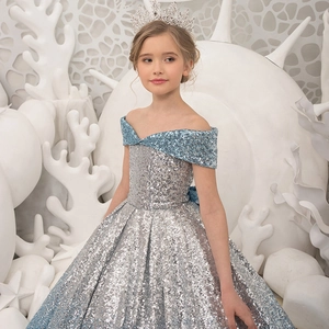 Sparkling silver and blue sequin off-shoulder princess ball gown for girls with crown