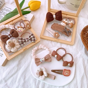 5-piece brown fabric hair accessory set with cute bear and flower clips for girls