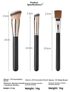 Detailed size specifications for 170 foundation, 270 concealer, and 191 makeup brushes