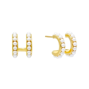 Detailed view of 18K gold-plated C-shaped double-row pearl clip earrings on white background