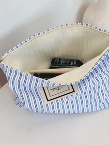 Blue striped canvas makeup bag with large capacity and vintage pleasant time label