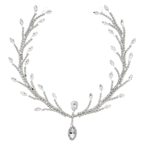 Silver bridal headband with sparkling rhinestones and crystal drop for wedding hair