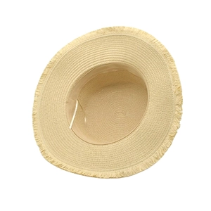 Women's minimalist flat top straw hat with fringe brim and internal adjustable drawstring