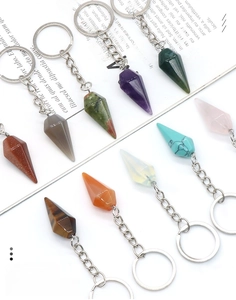 Assorted natural hexagonal crystal cone keychains in tiger eye, quartz, and turquoise
