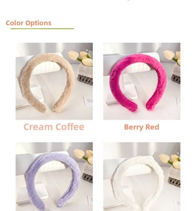 Detail view of plush faux rabbit fur headbands in cream, berry, purple, and white colors