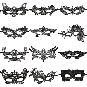 Detailed grid of twelve different black lace masquerade mask styles for women