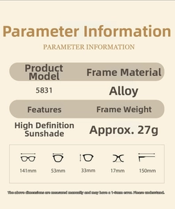 Size chart showing 53mm lens width and 141mm frame width for oval metal sunglasses