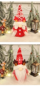 Close-up of Nordic knitted Christmas gnomes with reindeer antlers in festive decor