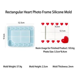 Detail van siliconen mal voor hart fotolijst met afmetingen en afgewerkt product