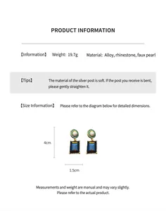Detailed spec sheet showing weight, material and size of vintage rhinestone pearl earrings