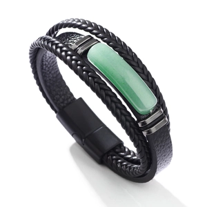 Mens black leather braided bracelet with green aventurine stone and magnetic clasp