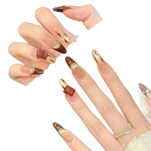 Brown sugar glitter gradient press-on nails with luxury square rhinestones and gold accents