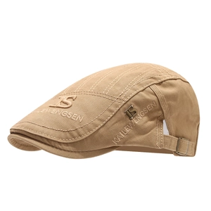 Vintage khaki cotton flat cap with embroidery and adjustable metal buckle side view