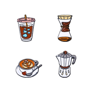 Set of four unique coffee enamel pins featuring mocha pot and iced coffee badges