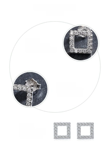 Macro detail of square S925 sterling silver stud earrings with zirconia stones and plating