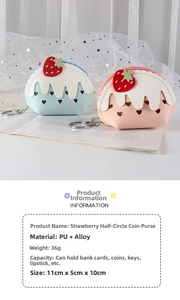 Detail view of strawberry coin purse dimensions showing PU leather and alloy key ring