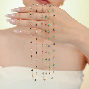 Lapis natural stone beaded layered necklace in gold-plated stainless steel