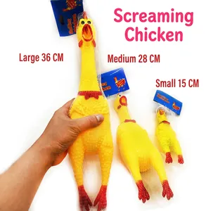 Three sizes of yellow shrilling chicken toys with red bowties for interactive fun