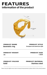 Detailed spec sheet of irregular hammered 18K gold plated stainless steel ring with 3g weight