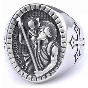 Vintage silver Saint Christopher signet ring with engraved cross design and religious relief