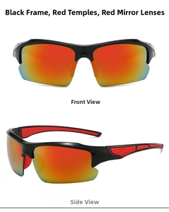 Front and side views of sport sunglasses with black half-frame and red mirrored lenses