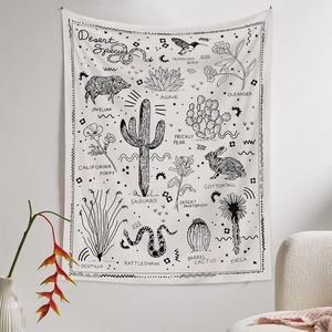 Desert Species tapestry featuring minimalist line art illustrations on a white fabric background