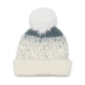 Detailed knit texture of a winter beanie with gray-blue jacquard and large white faux fur pompom