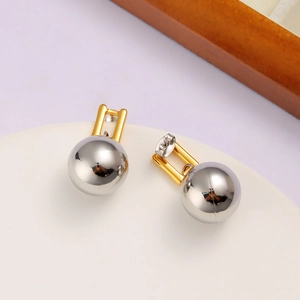 Two-tone stainless steel earrings featuring silver spherical drops and gold rectangular hoops