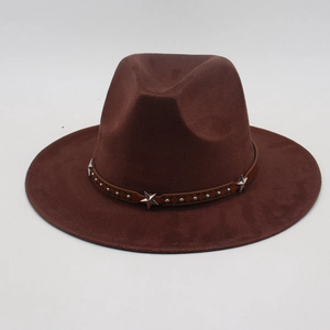 Brown western cowboy hat with wide brim and leather band featuring silver star studs