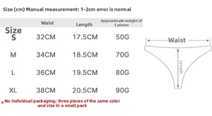 Detailed size chart for sports cotton thongs showing waist and length measurements