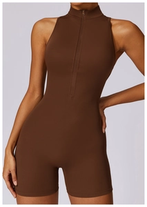 Detail of high-stretch sports bodysuit with front zipper and stand collar design