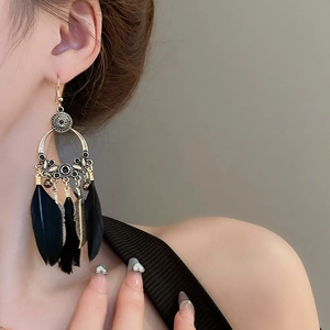 Gros plan de boucles d'oreilles bohèmes avec plumes noires portées par un mannequin