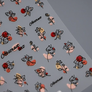 5D embossed nail stickers featuring abstract red and black floral patterns with gold accents