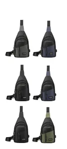 Vertical display showing four colors of durable nylon chest bags for casual commuting use
