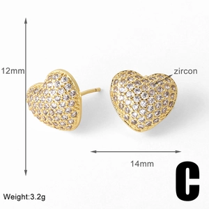Detail showing 12mm heart stud earrings with cubic zirconia and size dimensions