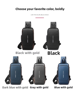 Detail view of five waterproof nylon sling bags with USB ports in various colors