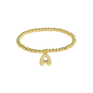 Detailed close-up of 18k gold plated brass beads with a polished heart alphabet charm