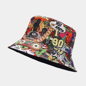 Detail of 90s vintage street style graffiti pattern on a canvas bucket hat