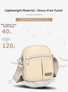 Detail view of lightweight nylon crossbody bag with 120g net weight and multiple zippers