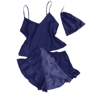 Dreiteiliges dunkelblaues Eisseiden-Pyjama-Set mit Camisole, Rüschenshorts und Beutel