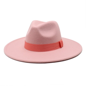Pink wool fedora hat with contrast orange grosgrain ribbon band and wide brim
