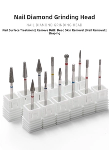 Detailed set of 12 professional diamond nail drill bits with color-coded metal handles