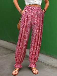 Pantaloni casual donna con stampa floreale bohémien rosa, vita alta e polsini elasticizzati