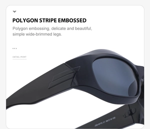 Close-up of black punk Y2K sunglasses temple with embossed texture and size details