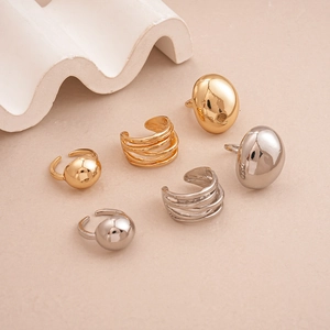 Three-piece geometric oval bean and multilayered minimalist adjustable open rings set