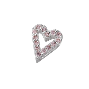 Silver hollow heart charm bead with pink micro-set zircon stones for DIY jewelry