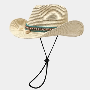 Bohemian woven straw sun hat with shell decoration and ethnic pattern band for summer